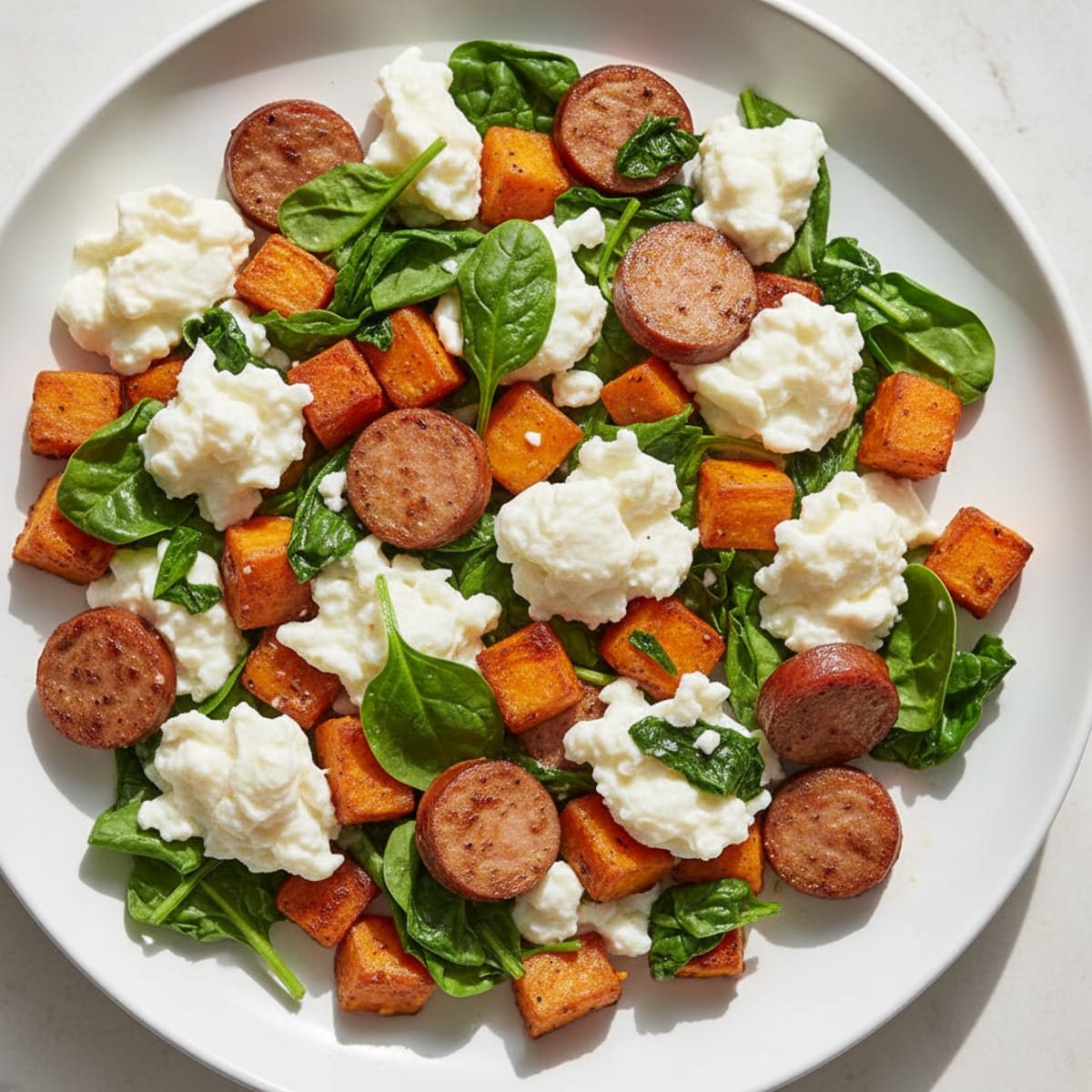 Egg White and Turkey Sausage Scramble with Spinach and Sweet Potato