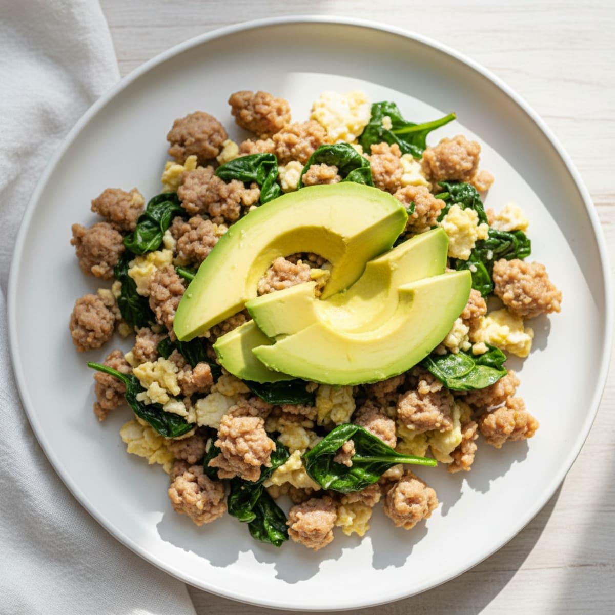 Egg White and Turkey Sausage Scramble with Sautéed Spinach
