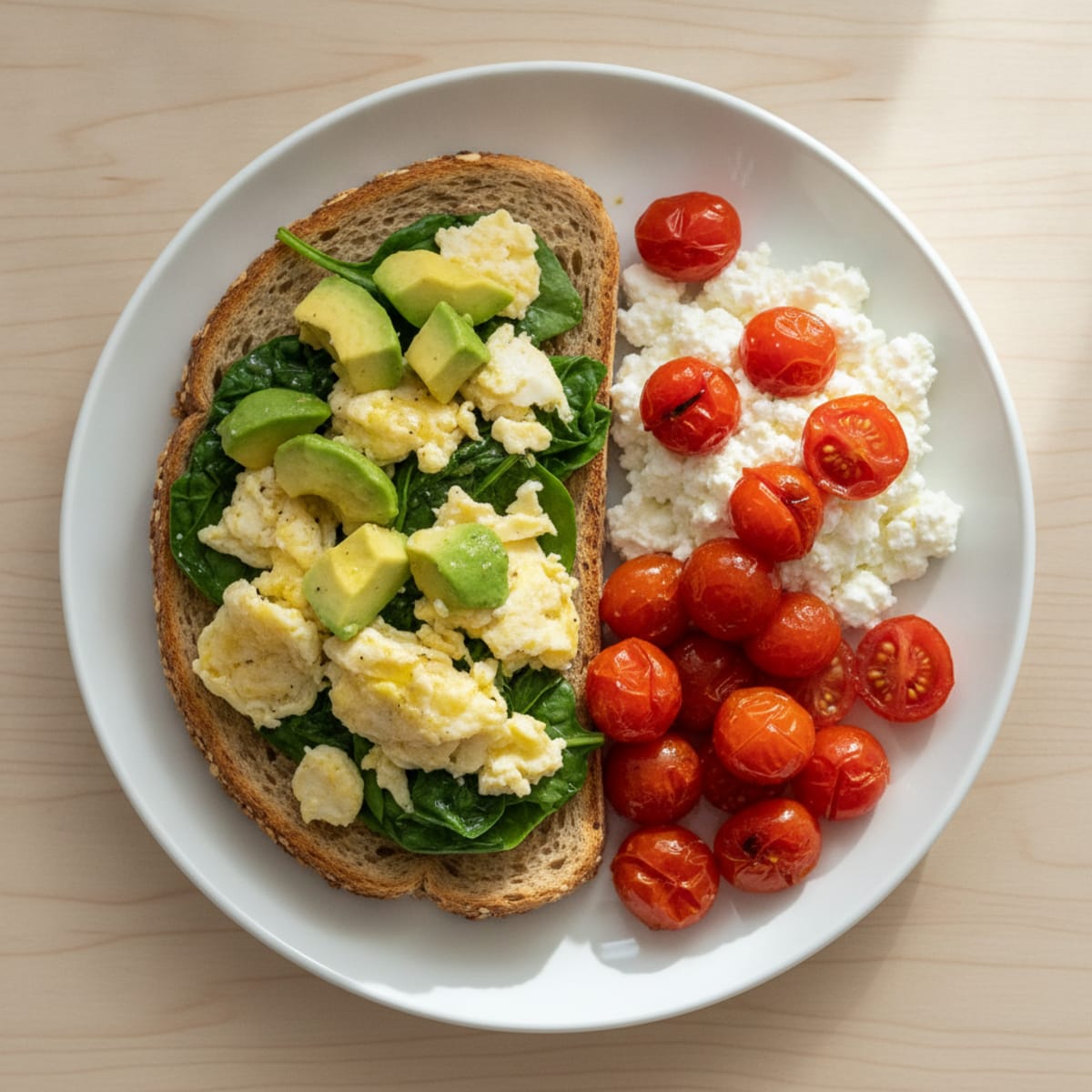 Egg White Spinach Scramble with Cottage Cheese and Cherry Tomatoes