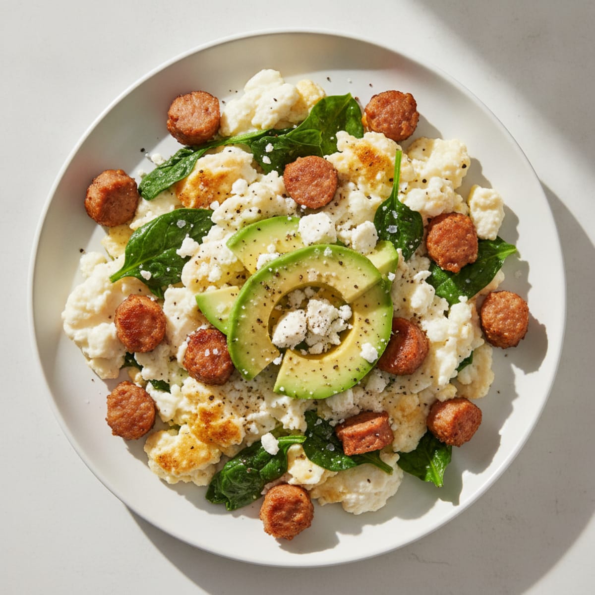 Egg White Scramble with Chicken Sausage and Spinach