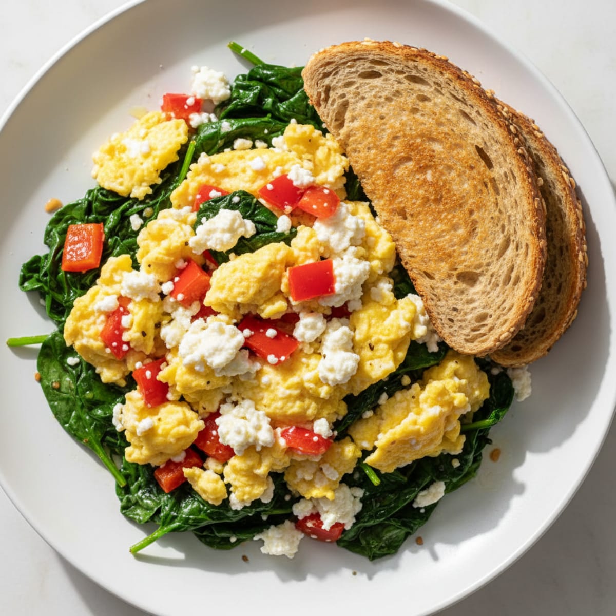 Cottage Cheese and Egg Veggie Scramble with Sautéed Spinach