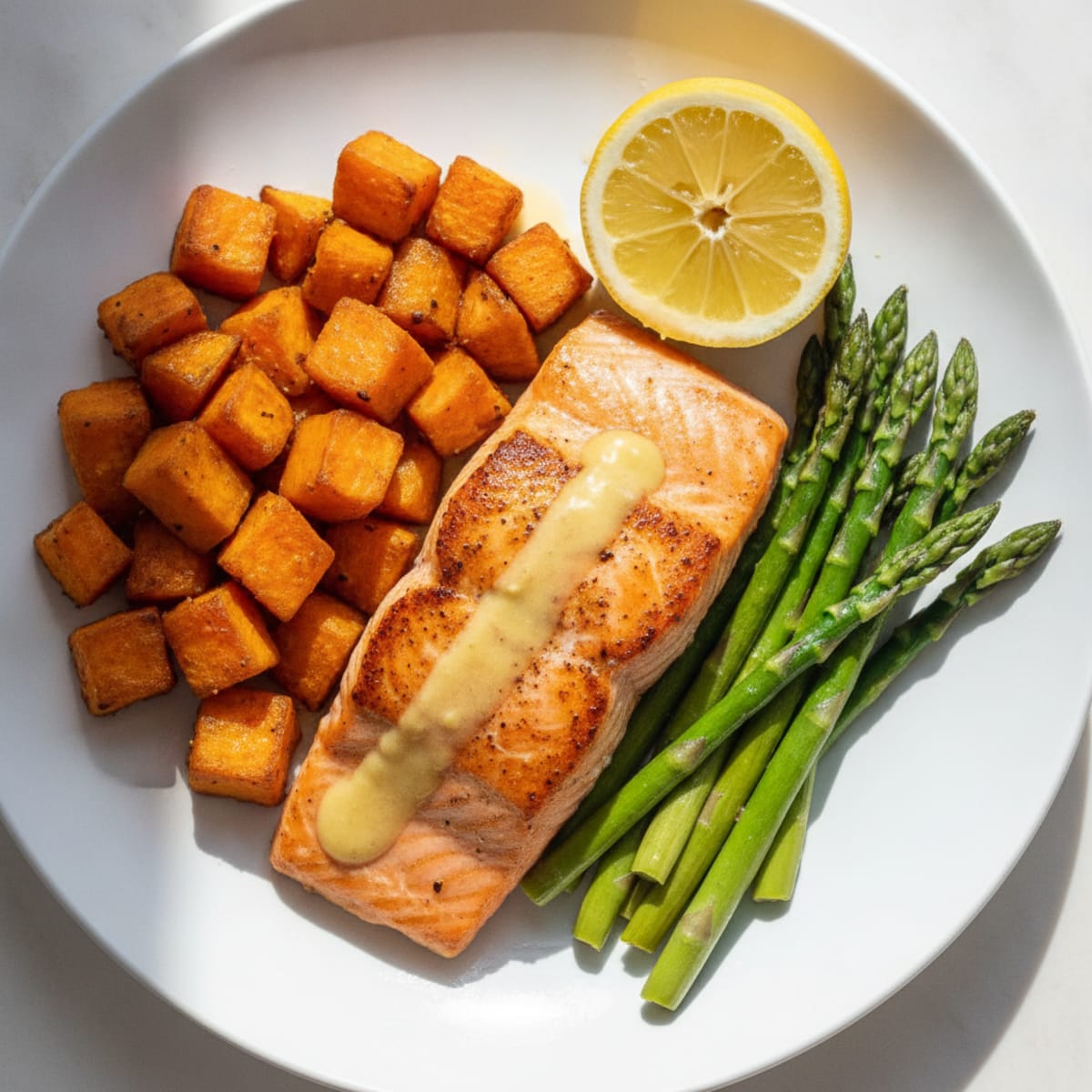 Seared Salmon Fillet with Roasted Sweet Potatoes and Asparagus