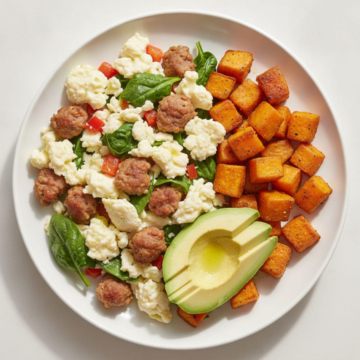 Egg White Scramble with Turkey Sausage and Roasted Sweet Potatoes