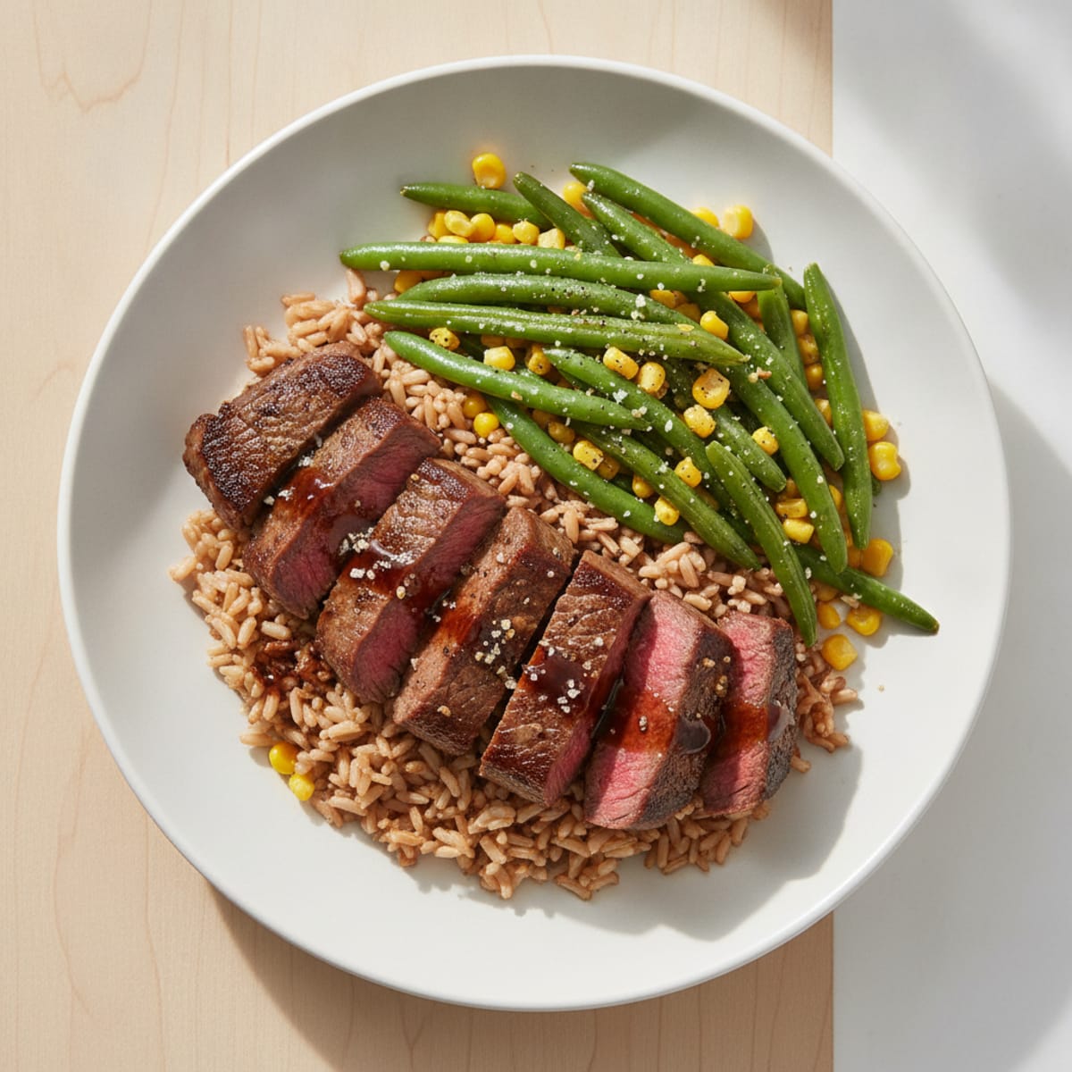 Pan-Seared Wagyu Steak with Brown Rice and Green Beans