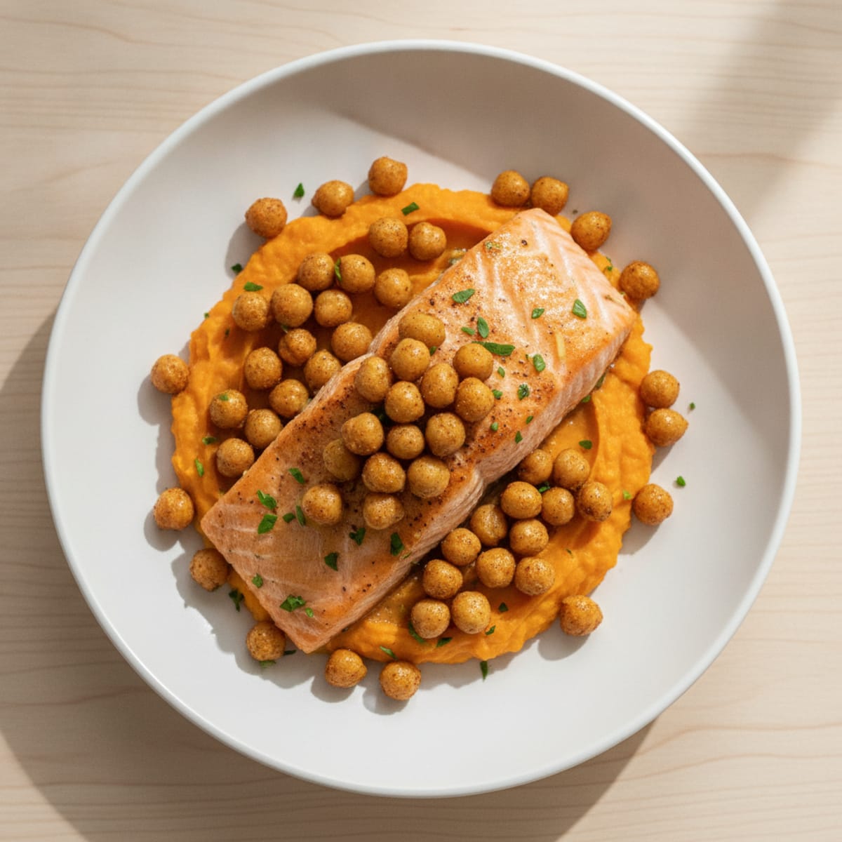 Roasted Salmon Fillet with Crispy Chickpeas and Sweet Potato Mash
