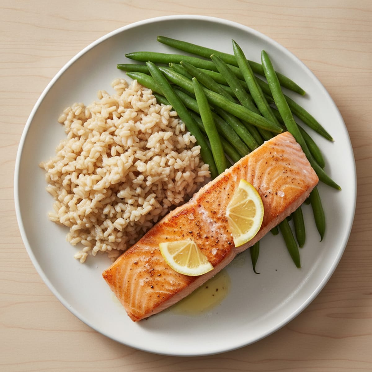 Seared Salmon with Steamed Green Beans and Brown Rice