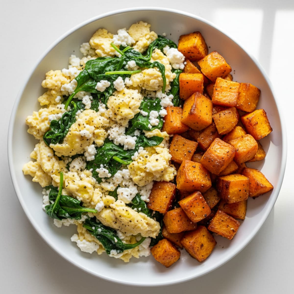 Cottage Cheese Egg Scramble with Spinach and Roasted Sweet Potato