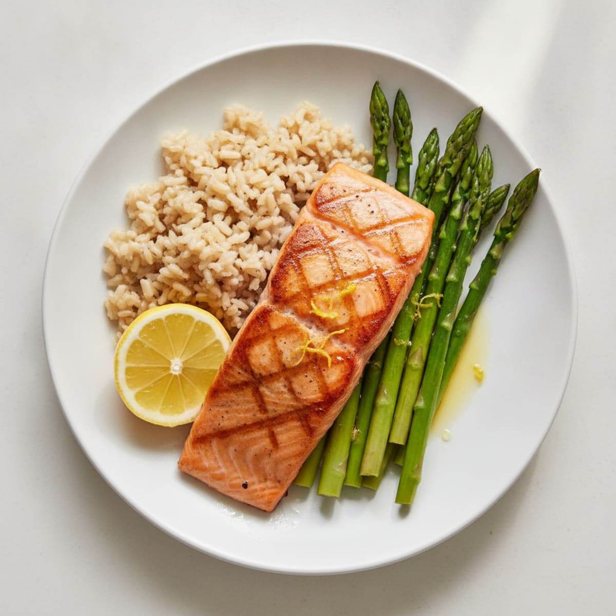 Seared Salmon with Steamed Asparagus and Brown Rice
