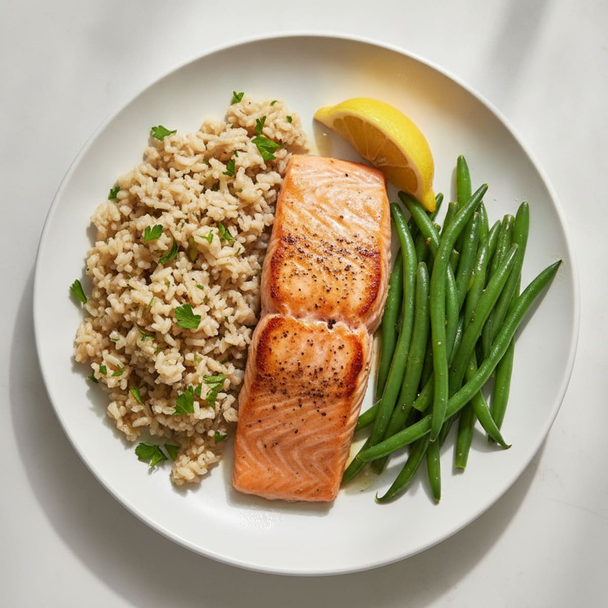 Seared Salmon Fillet with Steamed Green Beans and Herbed Brown Rice