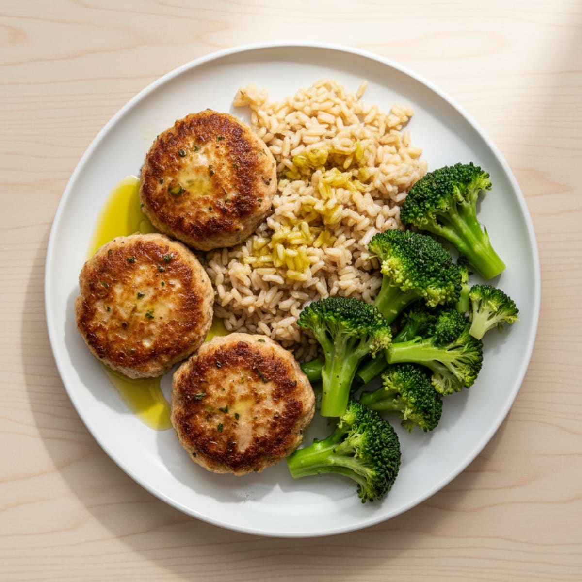 Seared Turkey Patties with Steamed Broccoli and Brown Rice