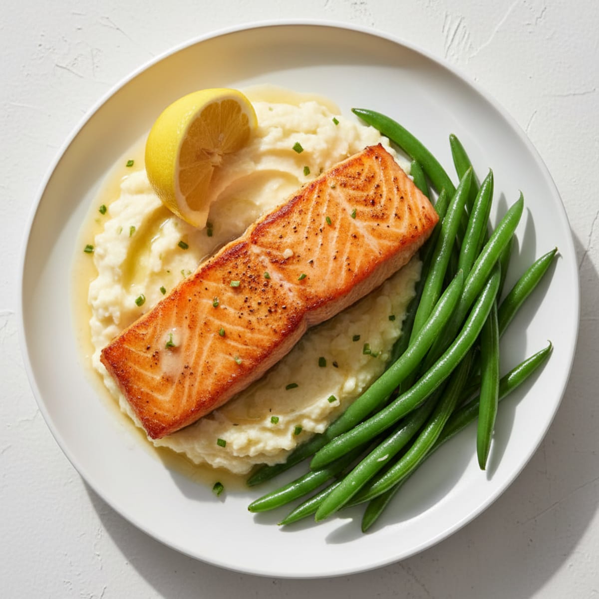 Seared Salmon with Steamed Green Beans and Garlic Mashed Cauliflower