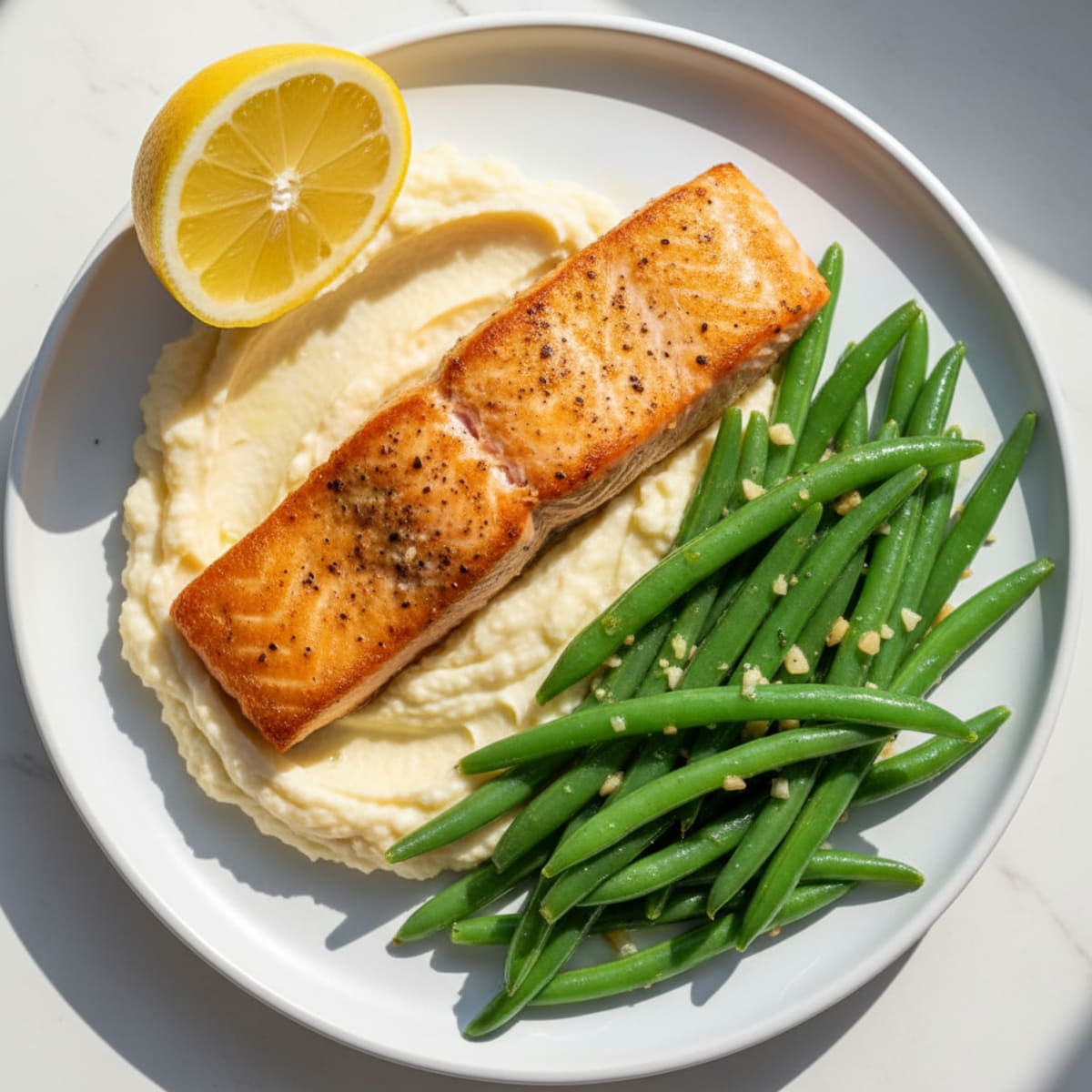 Seared Salmon with Garlic Green Beans and Cauliflower Mash