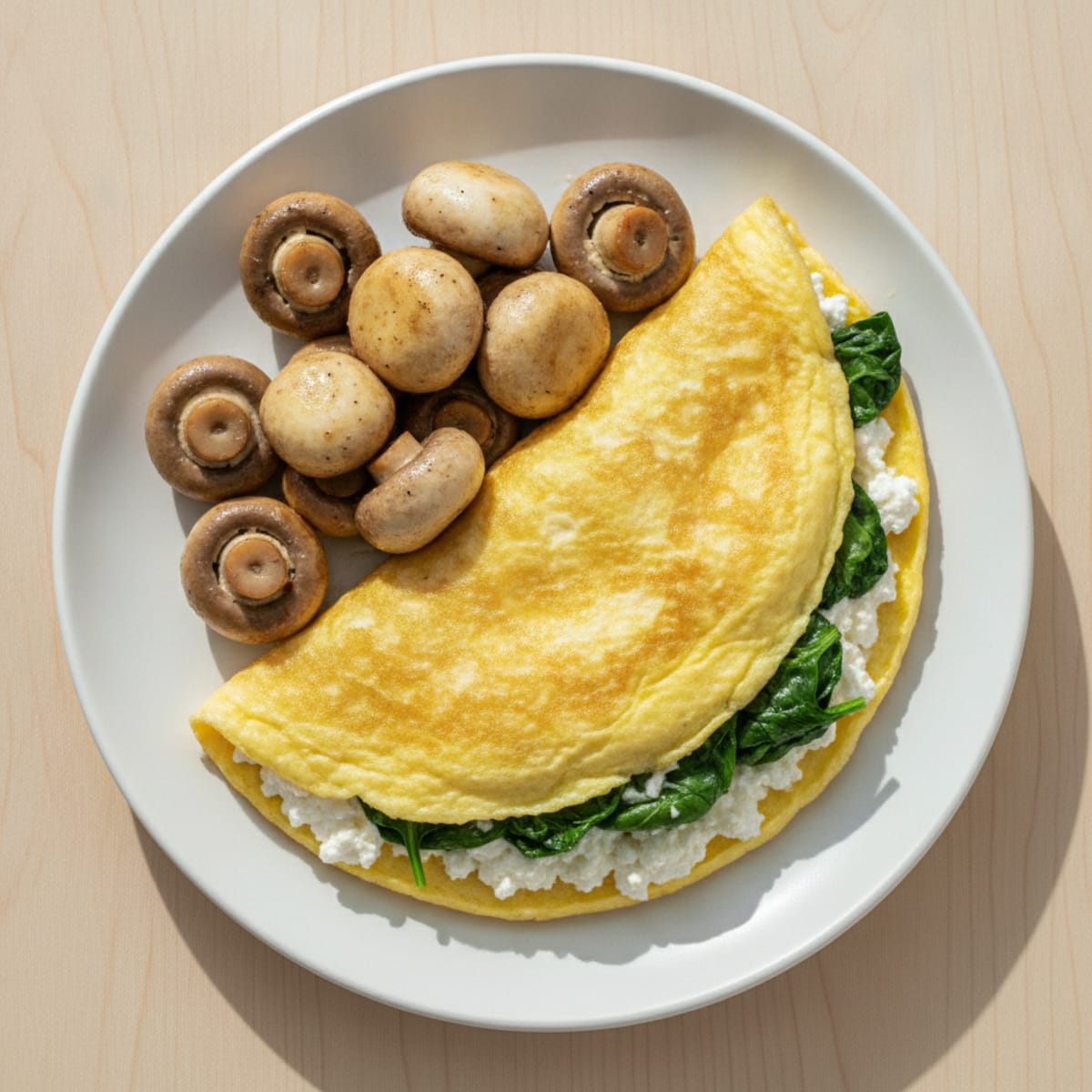 Egg White Spinach Omelette with Cottage Cheese and Sautéed Mushrooms