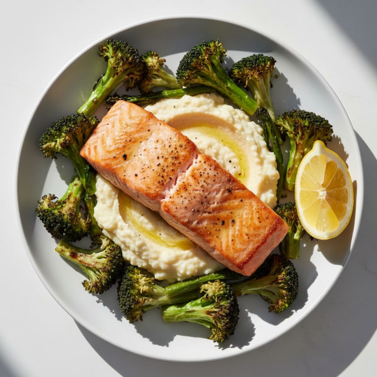 Seared Salmon with Roasted Broccoli and Cauliflower Mash