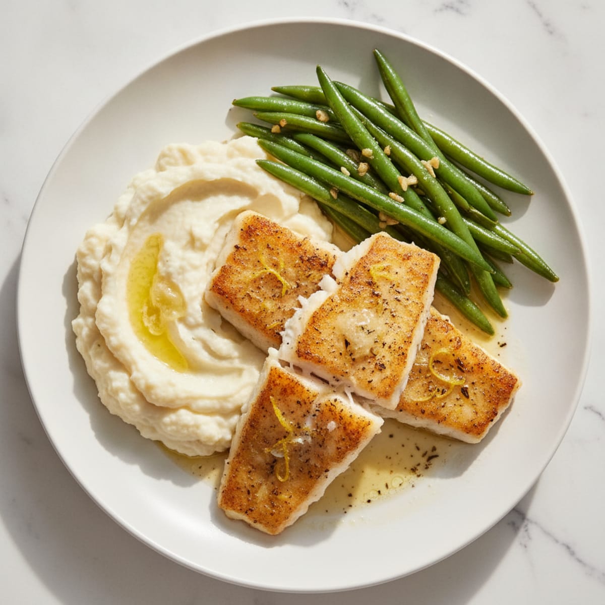 Baked Cod with Garlic Green Beans and Mashed Cauliflower