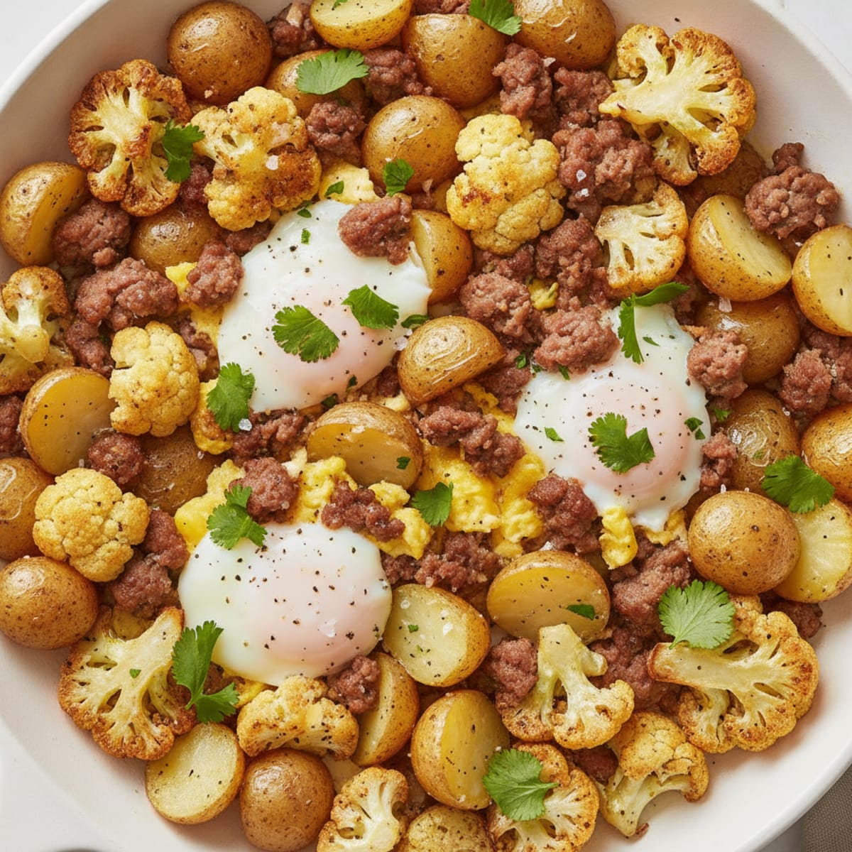 Chorizo Eggs with Roasted Cauliflower and Potatoes