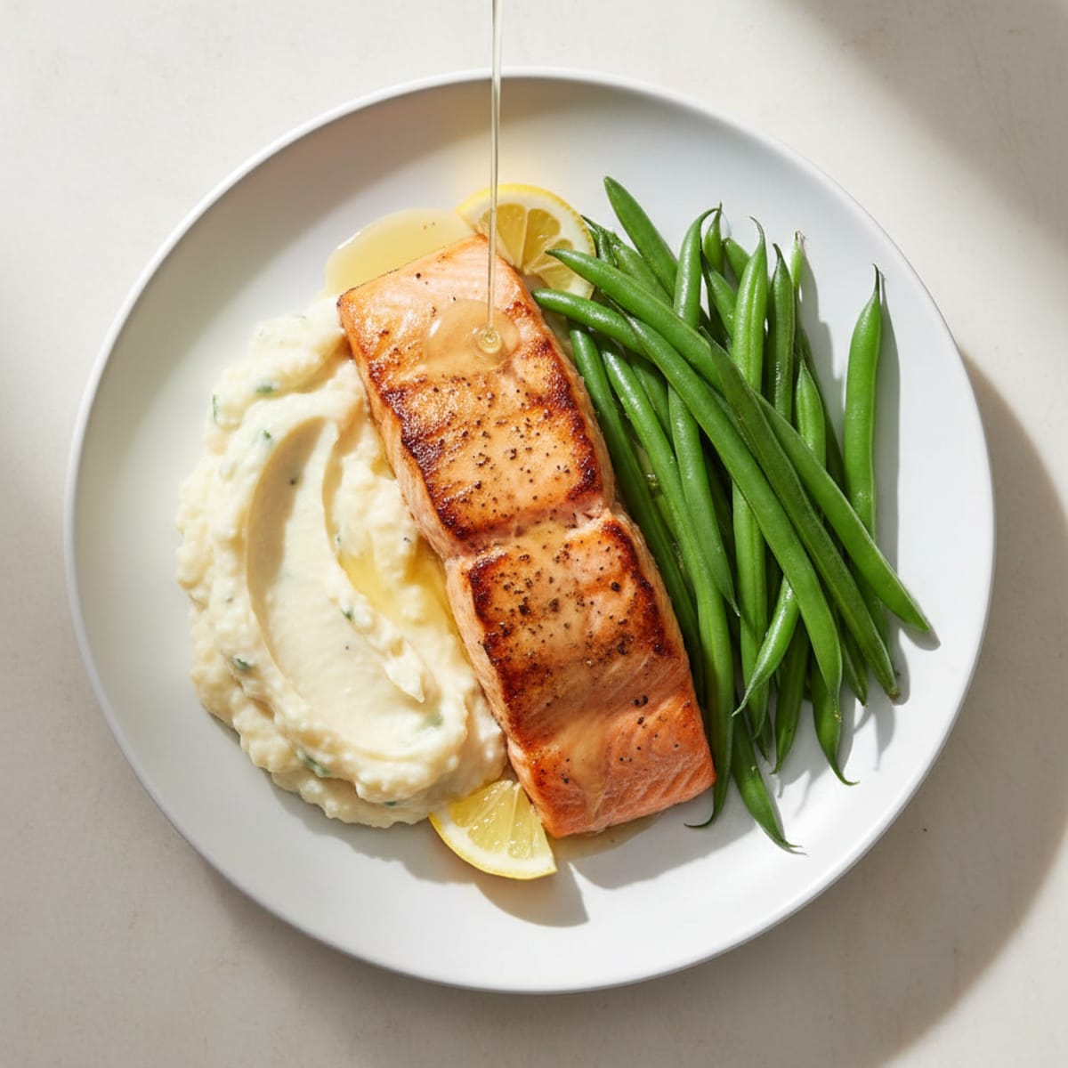 Seared Salmon with Steamed Green Beans and Garlic Cauliflower Mash