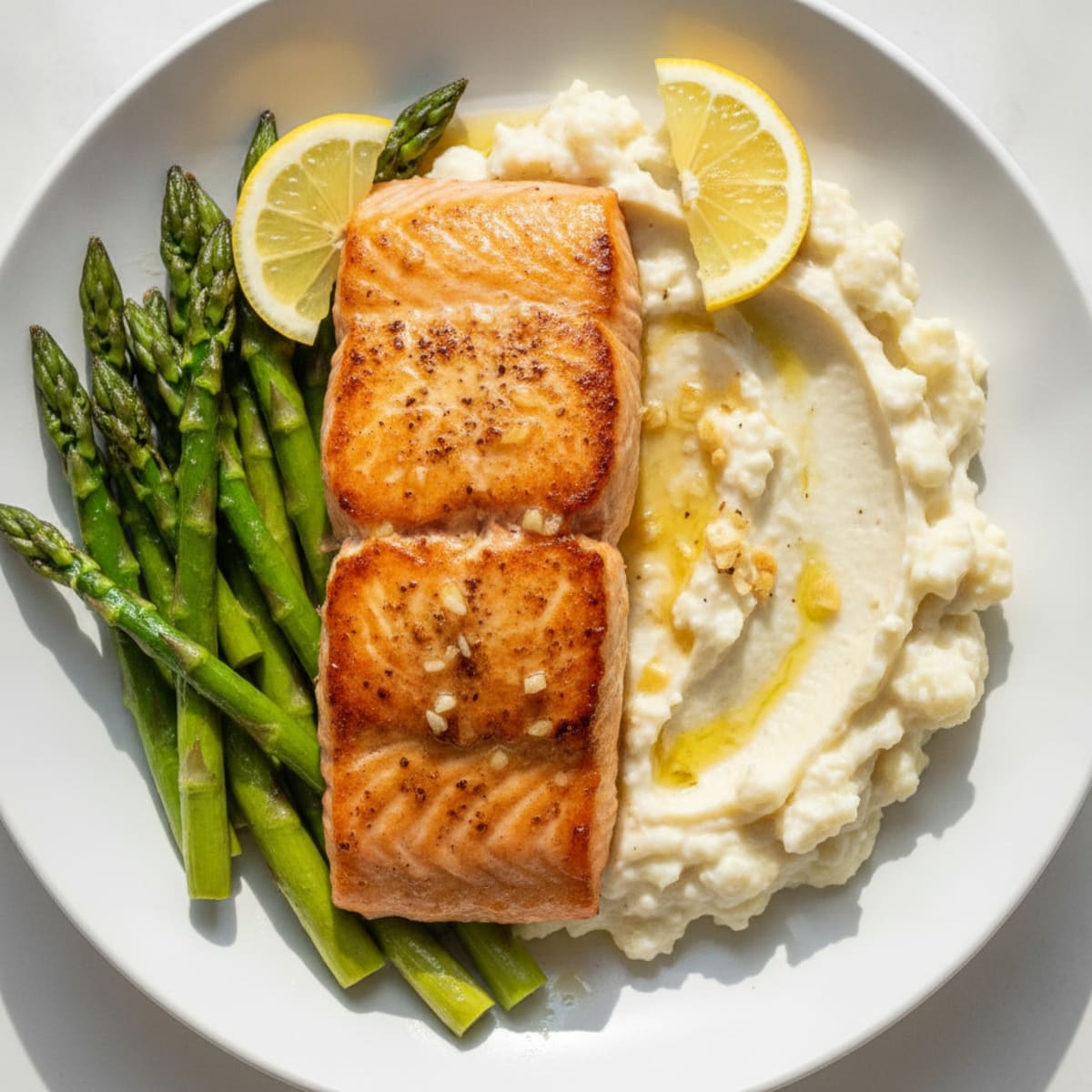 Pan Seared Salmon with Roasted Asparagus and Garlic Cauliflower Mash