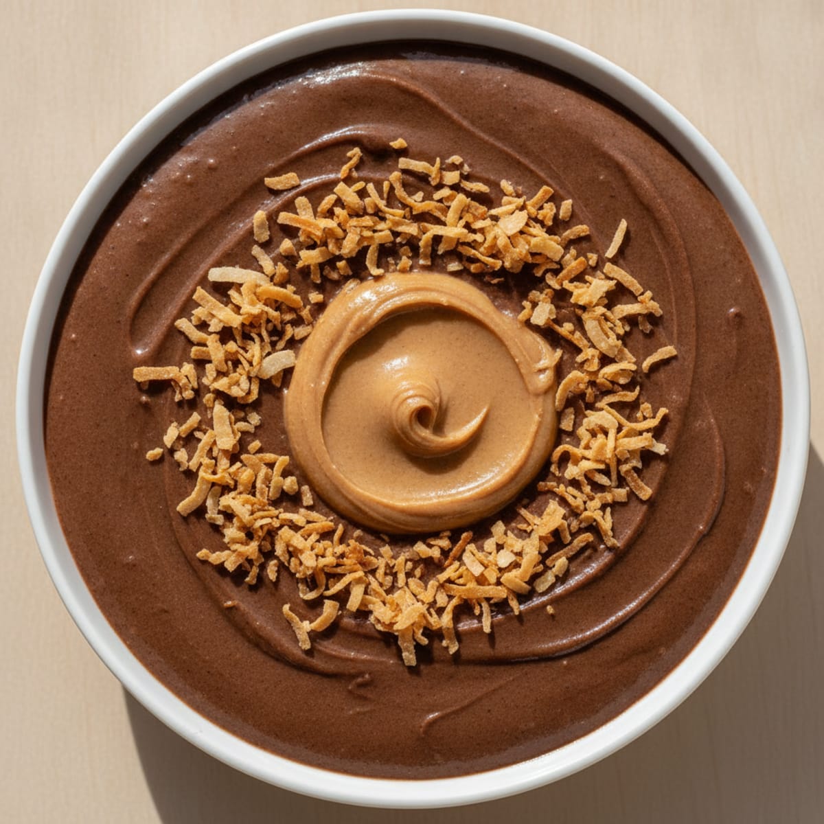Silky Chocolate Protein Pudding with Almond Butter and Toasted Coconut
