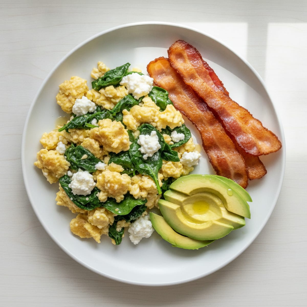Cottage Cheese Egg Scramble with Spinach and Turkey Bacon