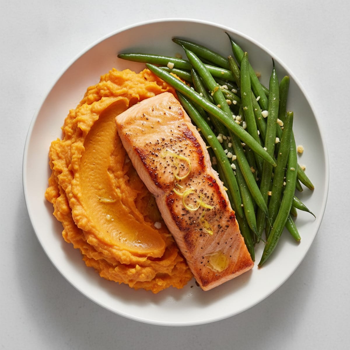 Seared Salmon with Garlic Green Beans and Mashed Sweet Potato