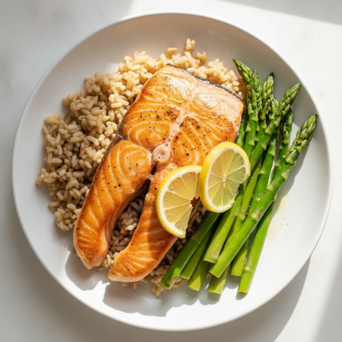 Seared Salmon Fillet with Steamed Asparagus and Brown Rice