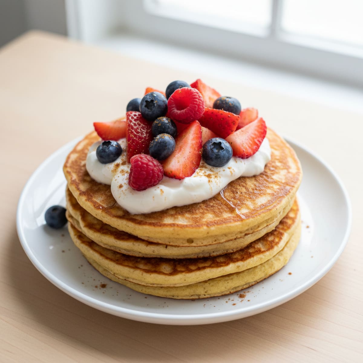 Fluffy Buttermilk-Style Protein Pancakes with Berries
