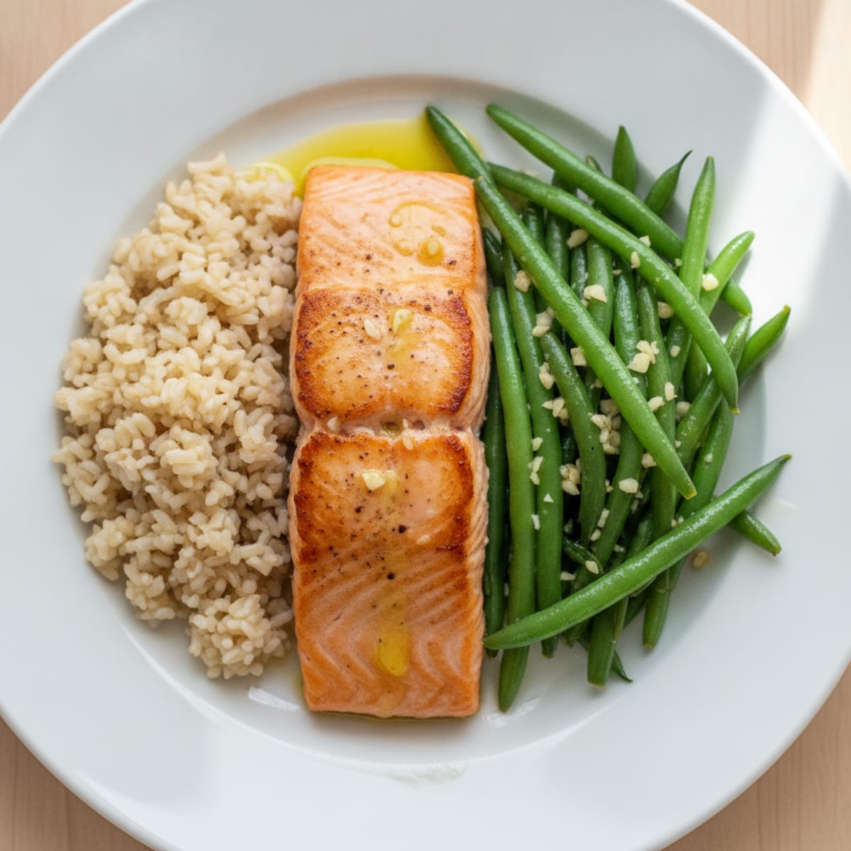 Seared Salmon Fillet with Garlic Green Beans and Brown Rice