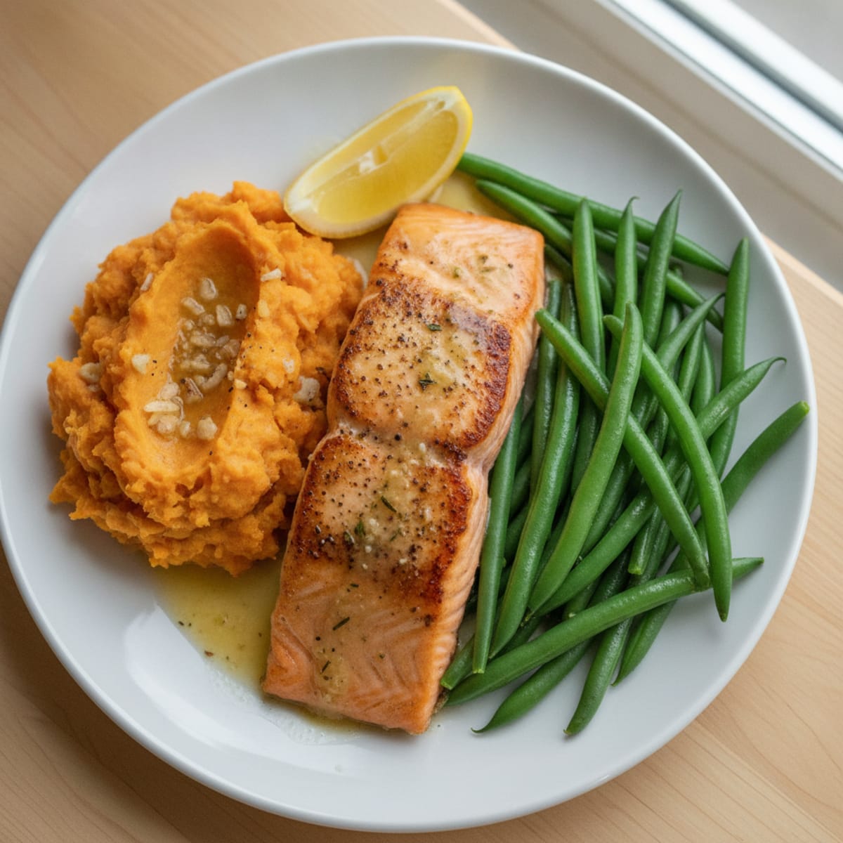 Seared Salmon with Steamed Green Beans and Garlic Mashed Sweet Potatoes