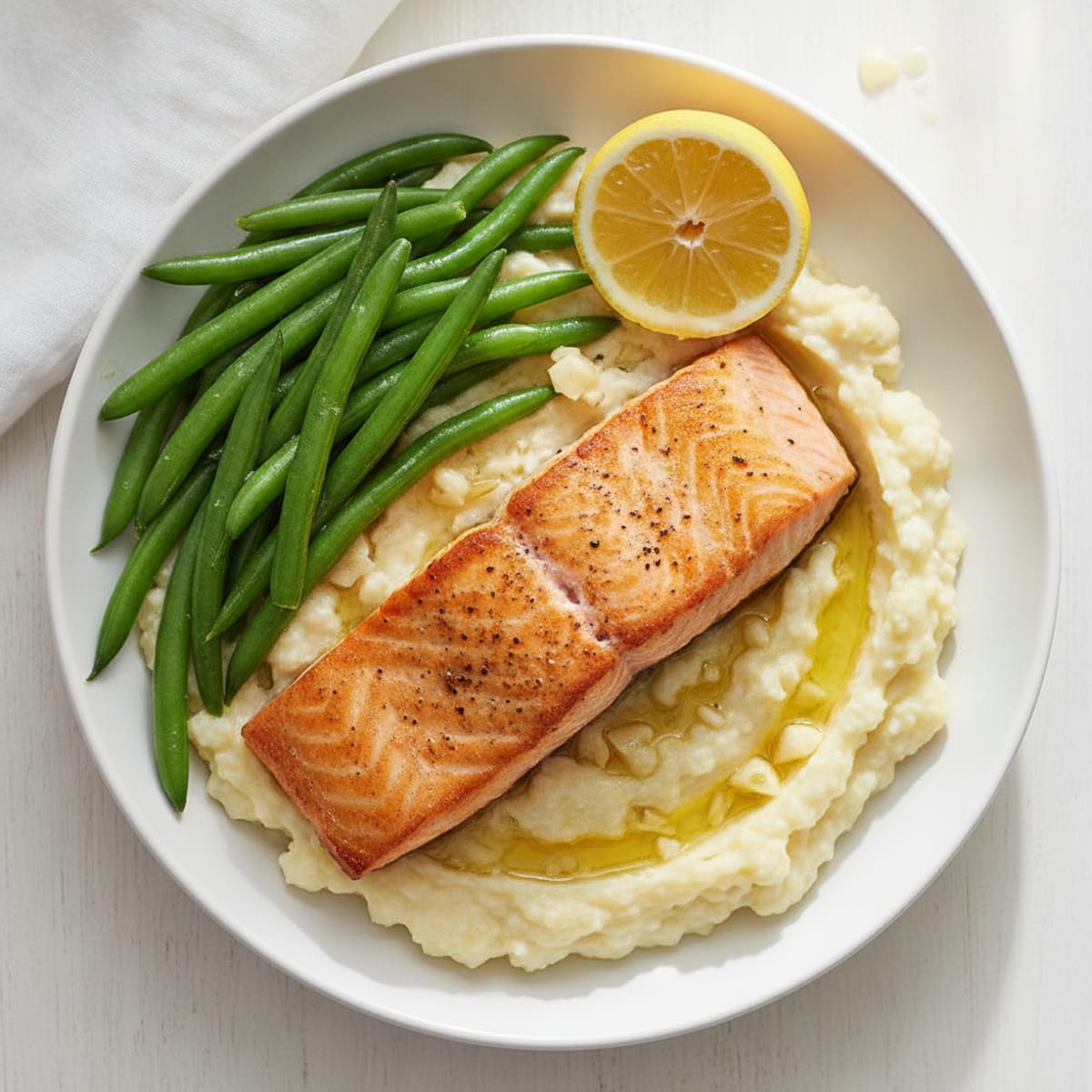 Seared Salmon Fillet with Steamed Green Beans and Garlic Mashed Cauliflower