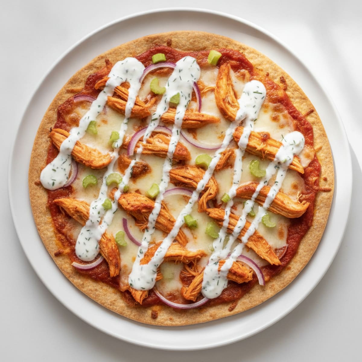 Buffalo Chicken Pizza with Ranch Drizzle