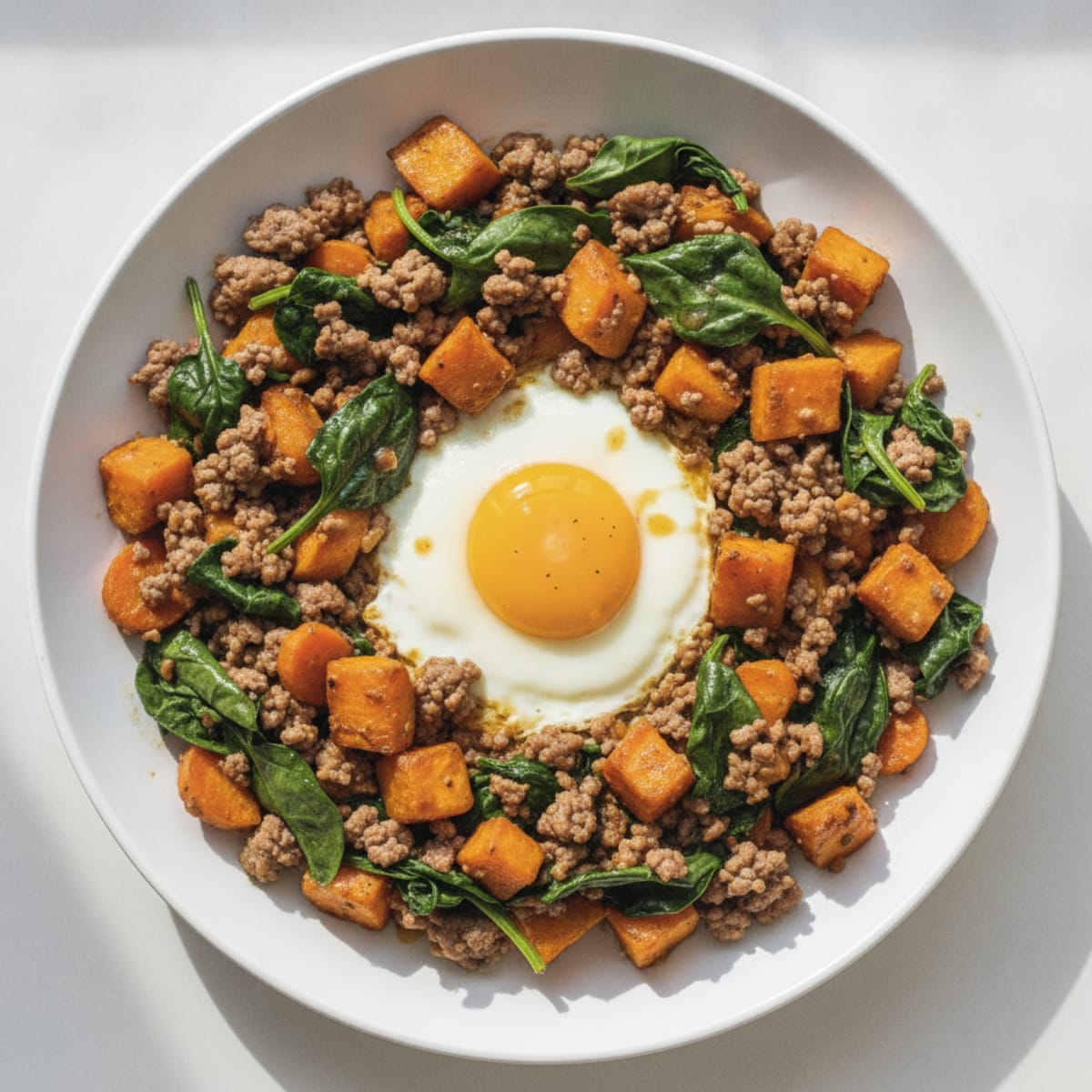 Beef and Sweet Potato Skillet with Sautéed Spinach