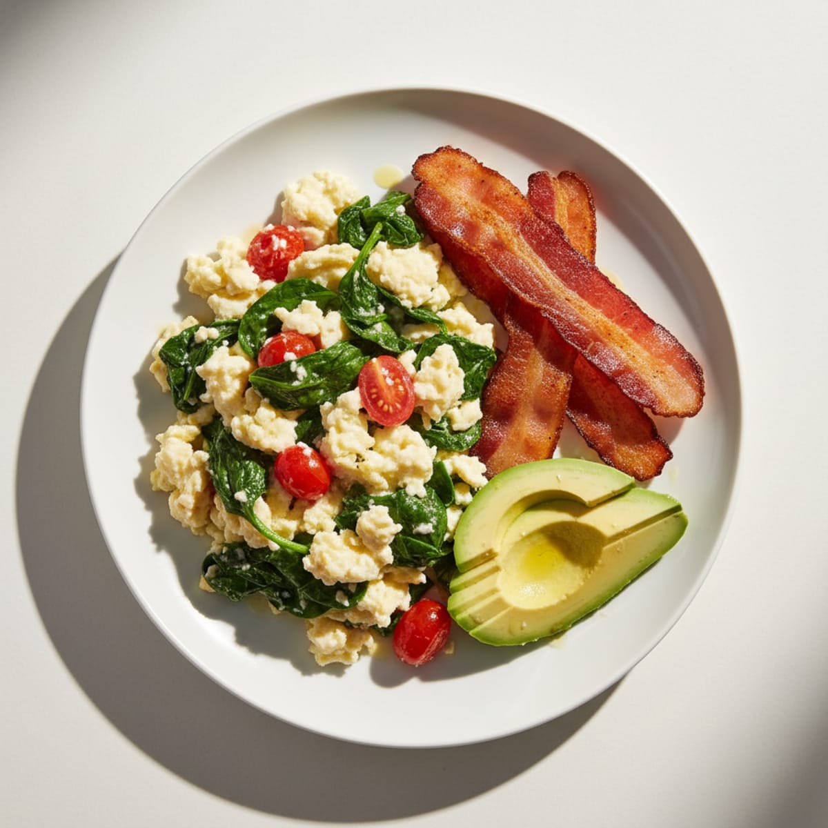 Egg White Spinach Scramble with Grilled Turkey Bacon
