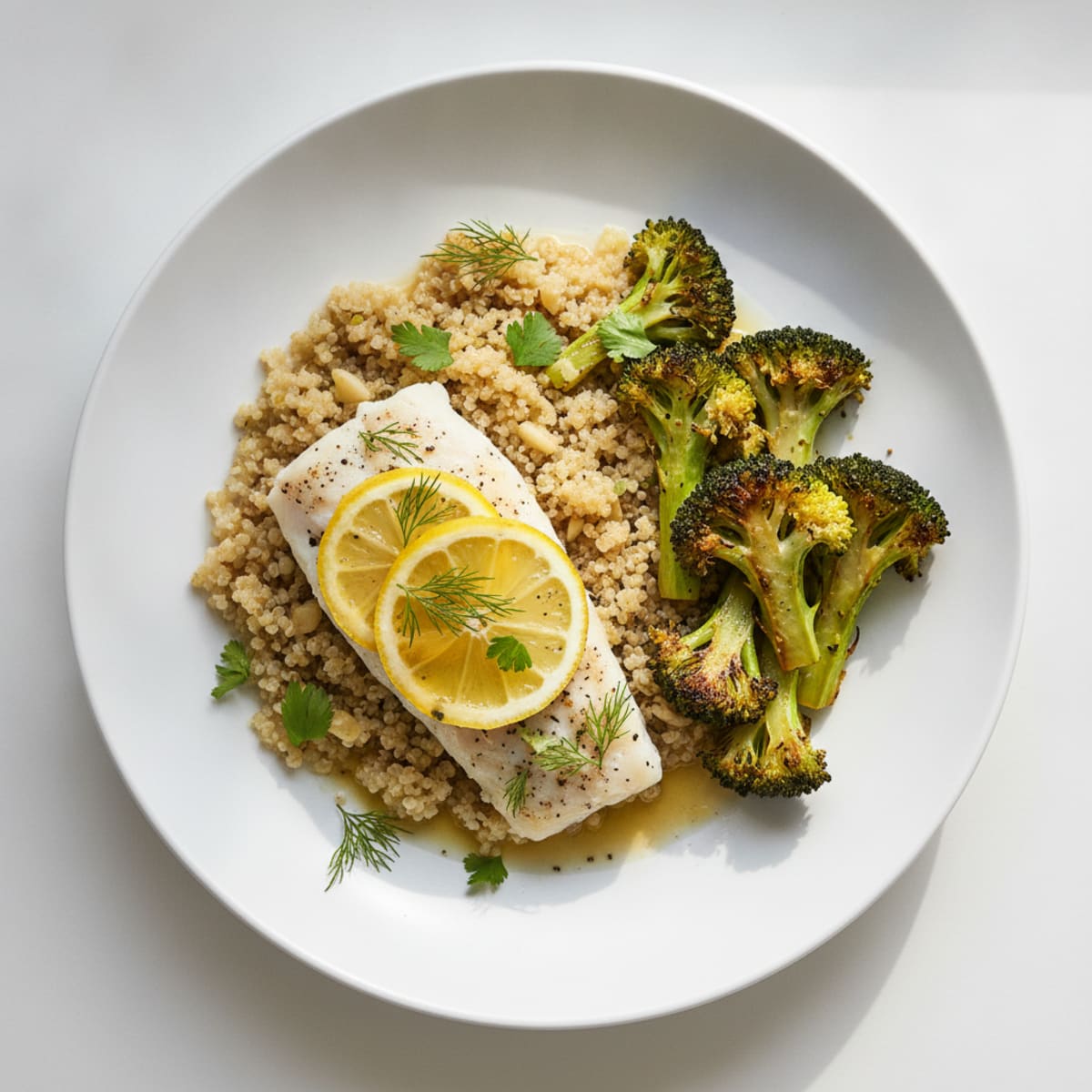 Baked Cod with Roasted Broccoli and Garlic Quinoa