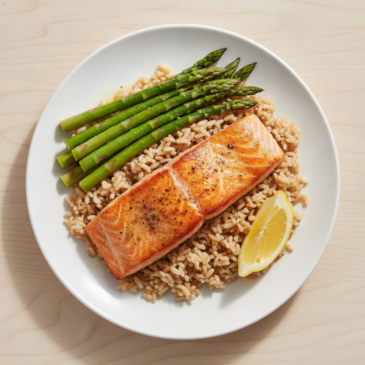 Seared Salmon Fillet with Steamed Asparagus and Brown Rice