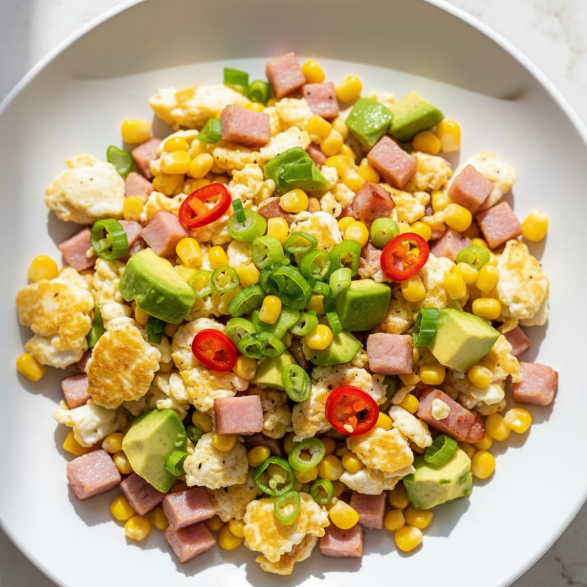 Egg White and Ham Scramble with Spring Onions and Sweet Corn