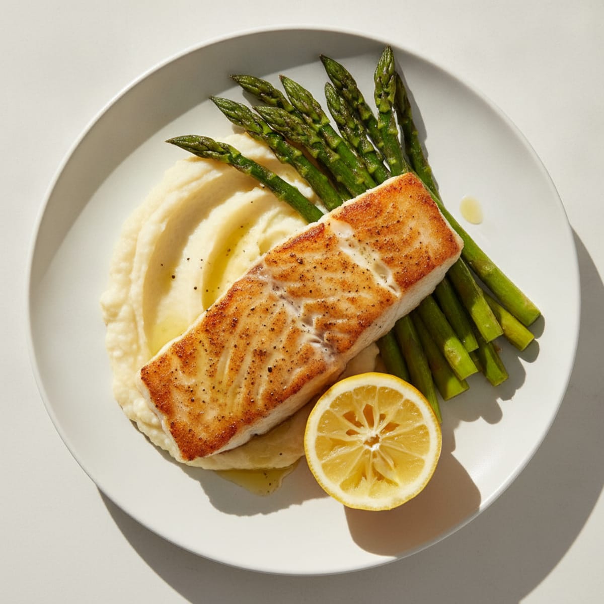Seared Cod with Roasted Asparagus and Cauliflower Mash