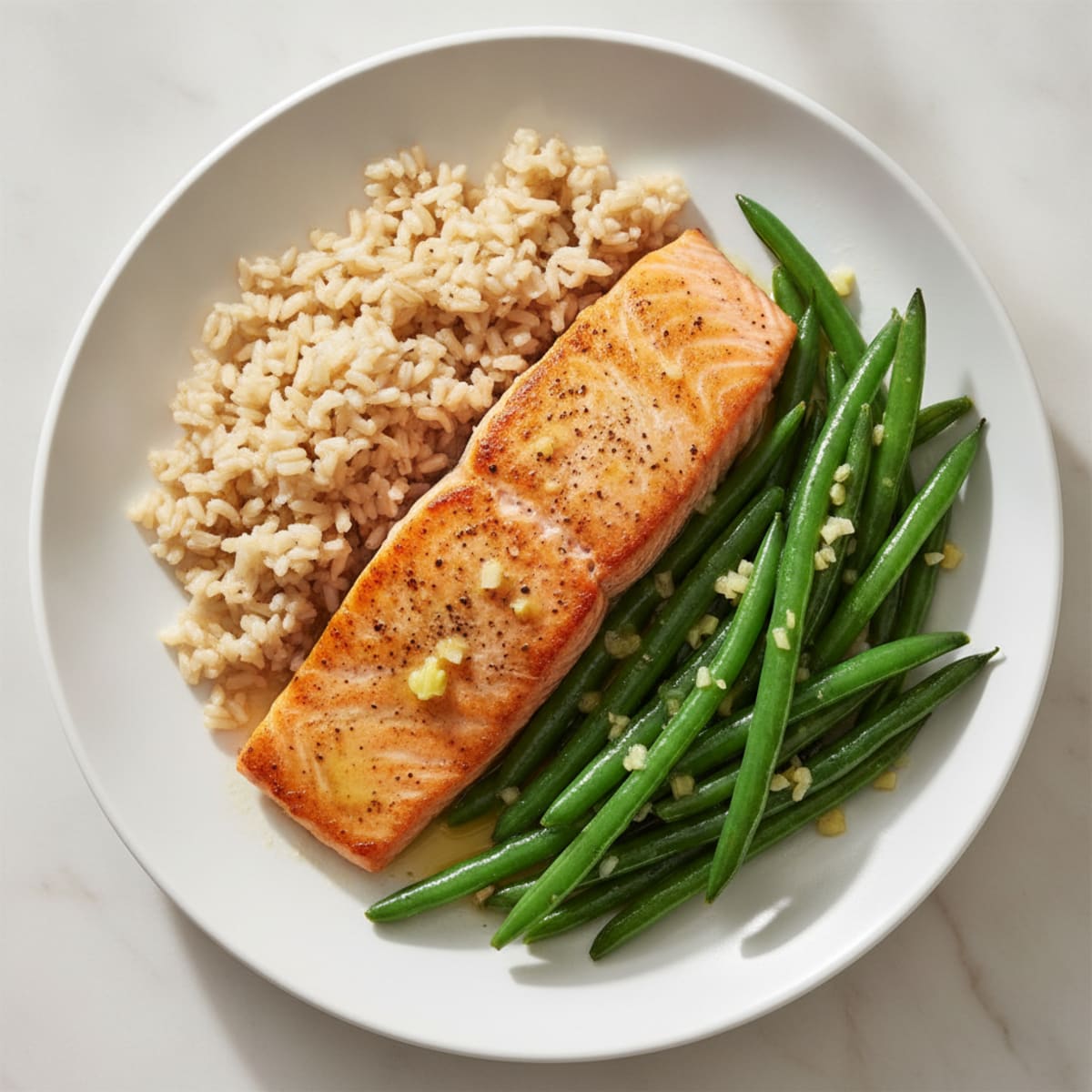 Seared Salmon with Garlic Green Beans and Brown Rice