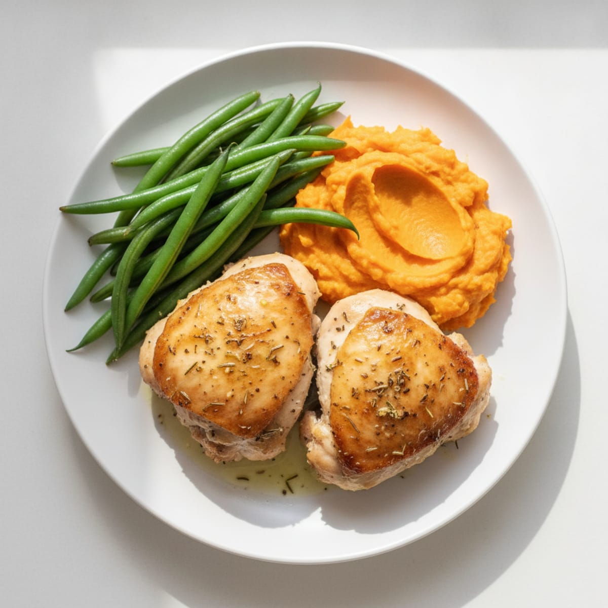 Baked Herb Chicken Thighs with Steamed Green Beans and Sweet Potato Mash