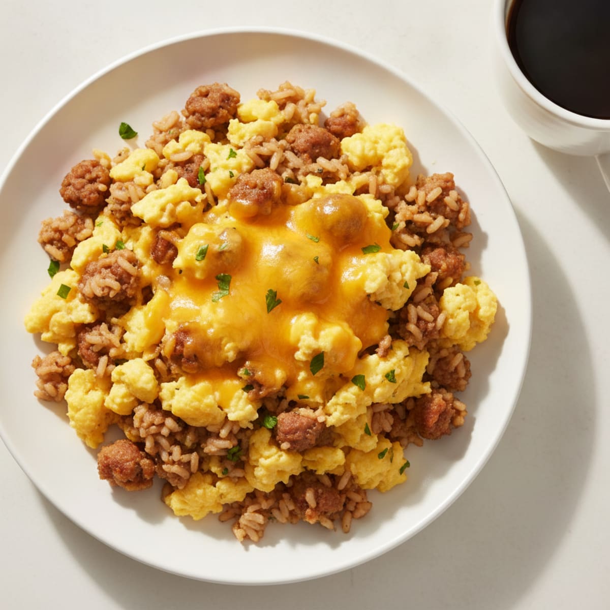 Cheesy Scrambled Eggs with Turkey Sausage and Brown Rice