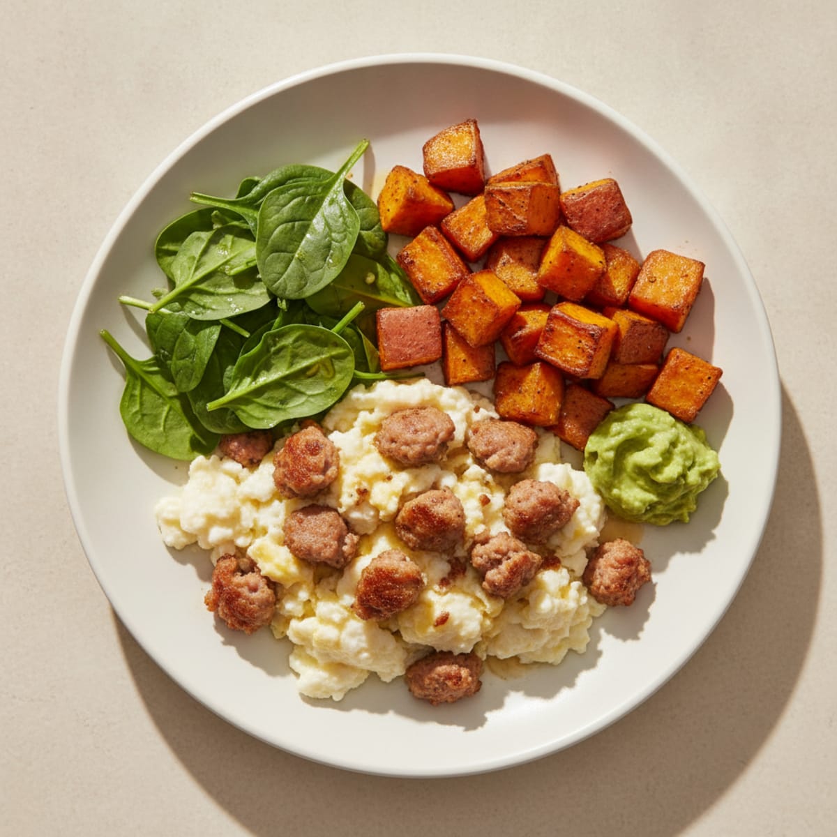 Scrambled Egg Whites with Turkey Sausage and Roasted Sweet Potatoes