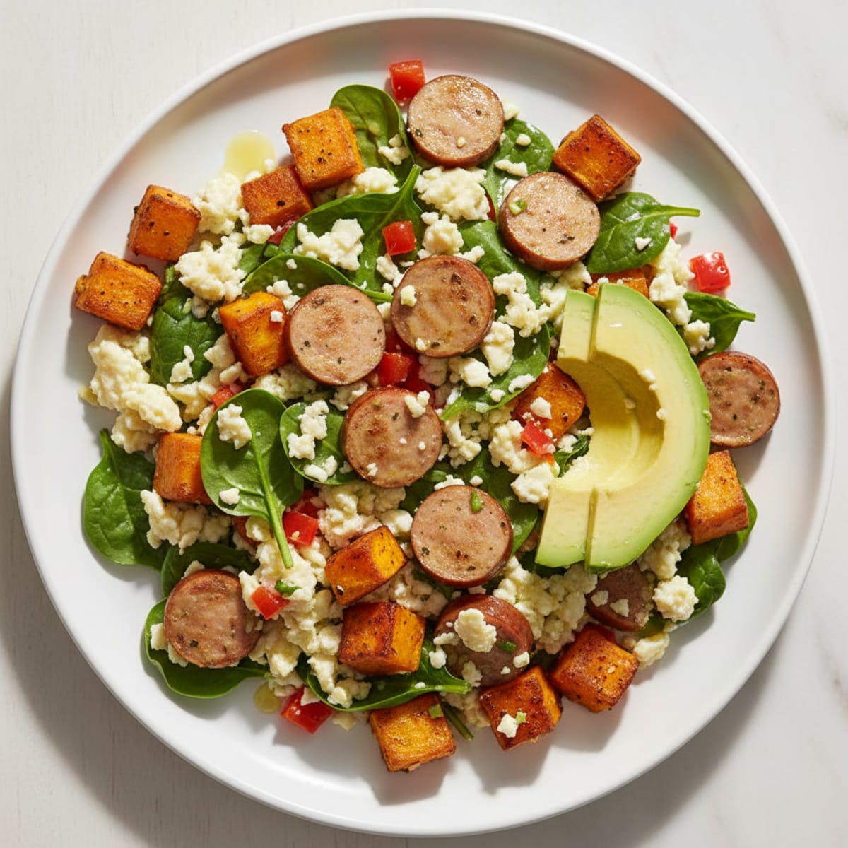 Egg White Scramble with Chicken Sausage and Roasted Sweet Potatoes