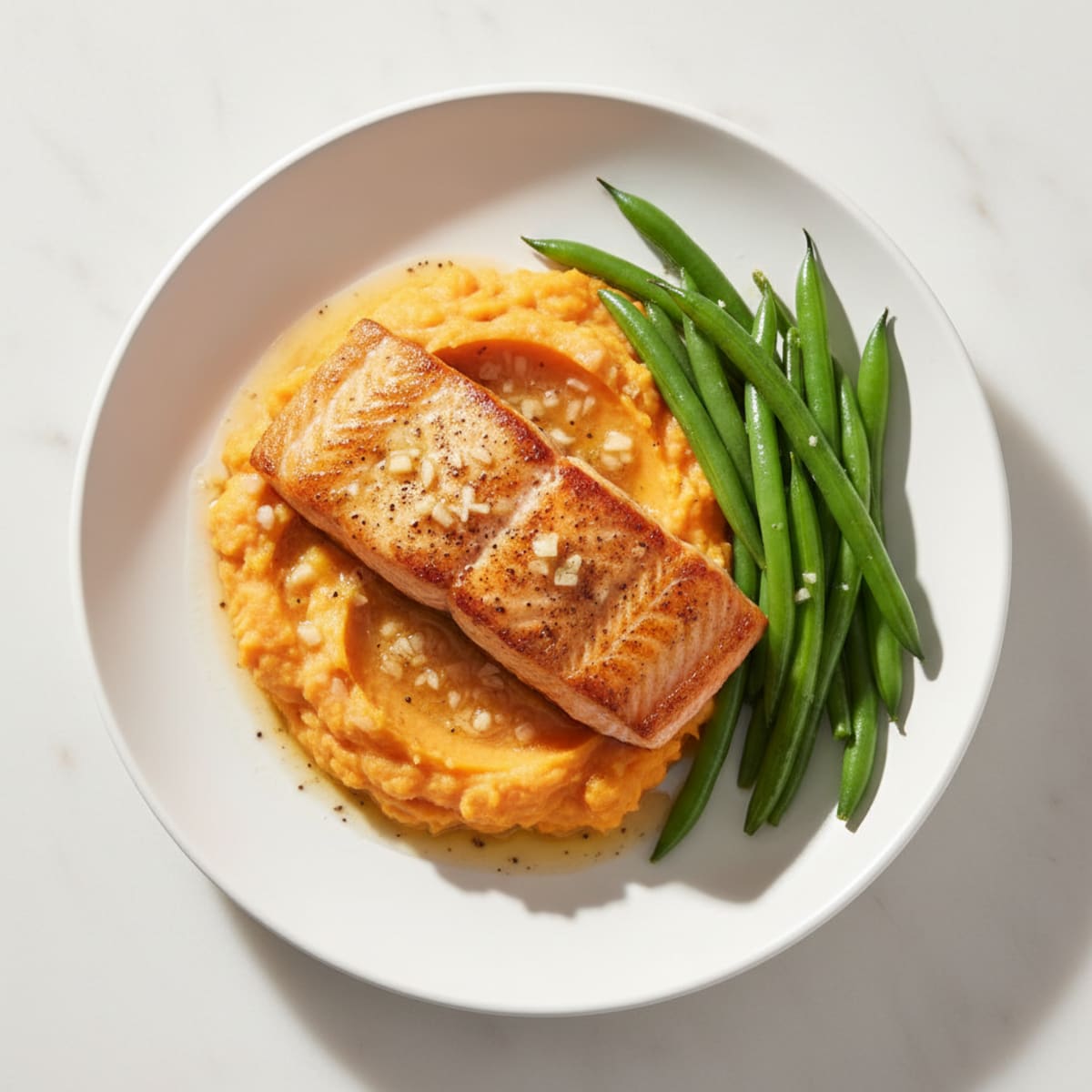 Seared Salmon Fillet with Steamed Green Beans and Sweet Potato Mash