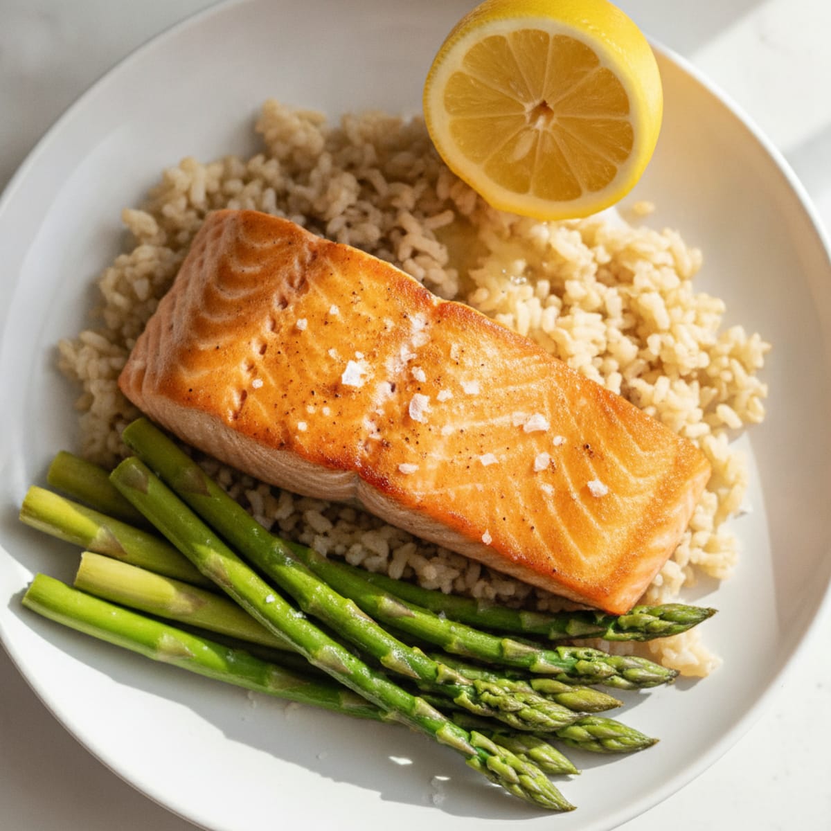 Seared Salmon with Steamed Asparagus and Brown Rice