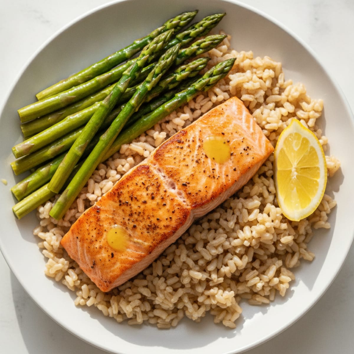 Seared Salmon with Steamed Asparagus and Brown Rice