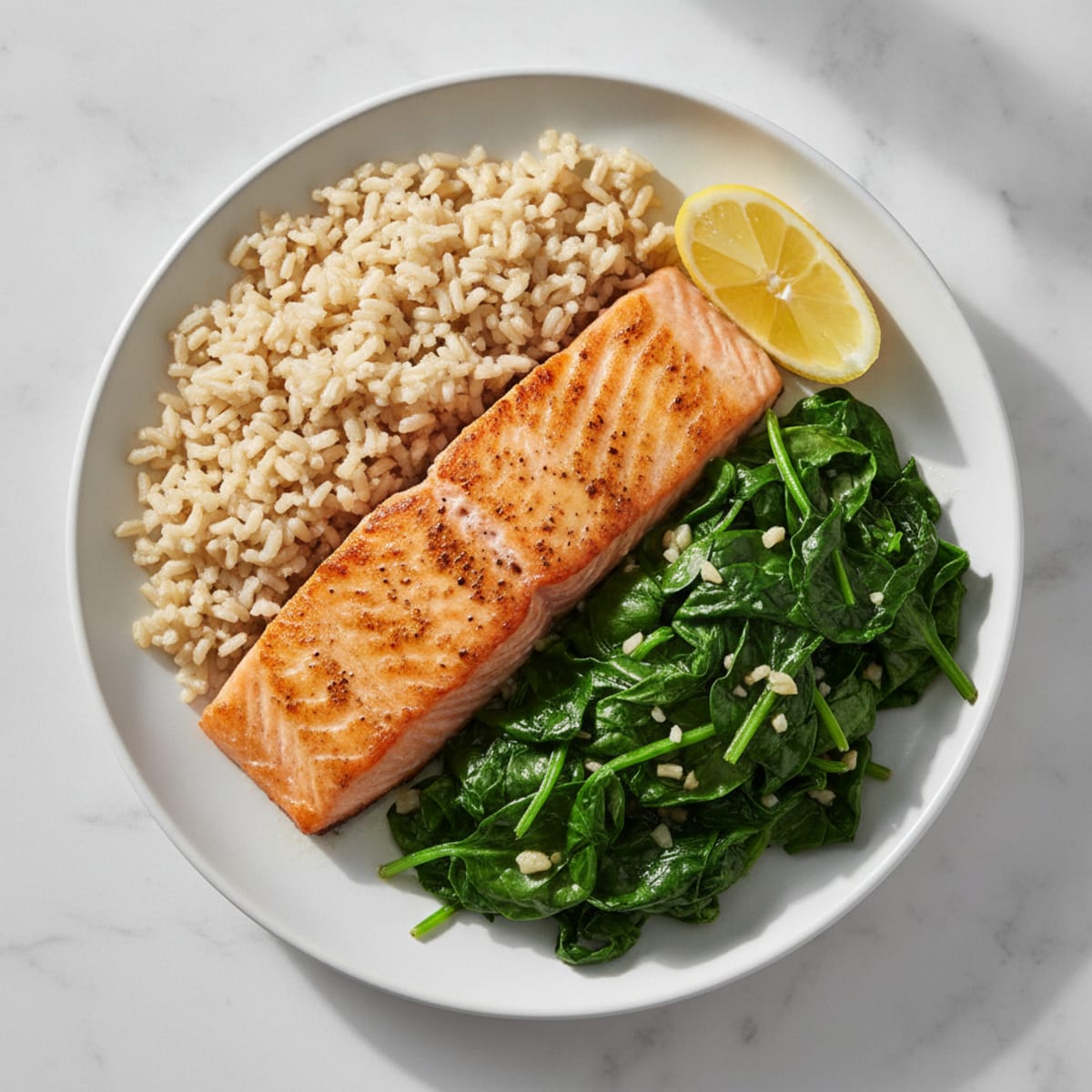Seared Salmon Fillet with Garlic Sautéed Spinach and Brown Rice