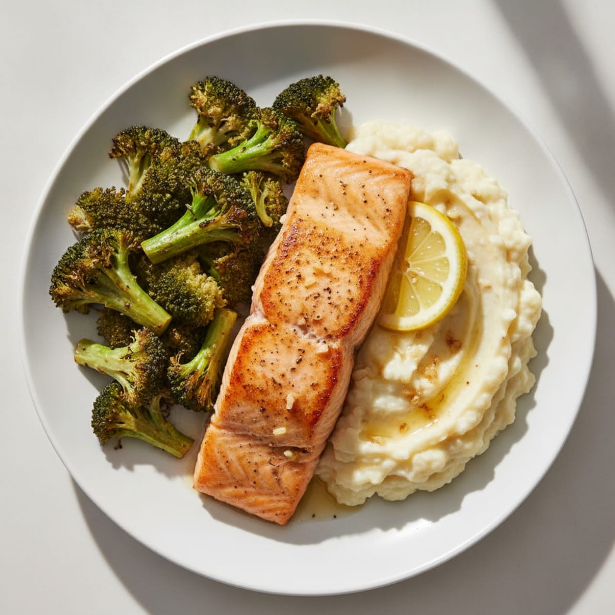 Seared Salmon with Roasted Broccoli and Garlic Mashed Cauliflower