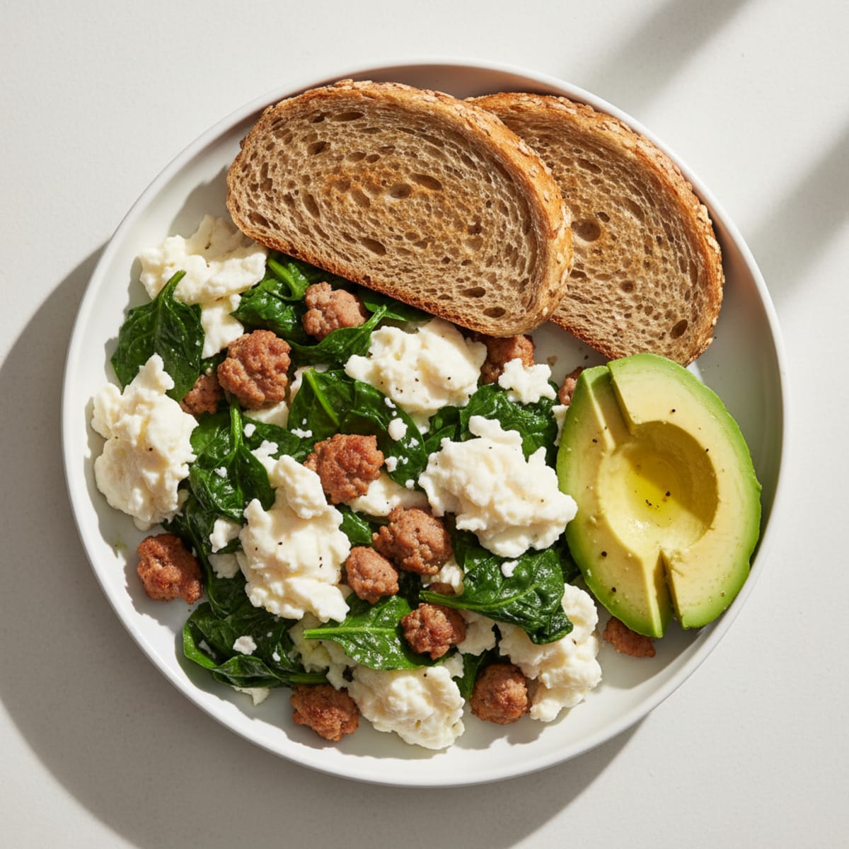 Egg White and Turkey Sausage Scramble with Sautéed Spinach