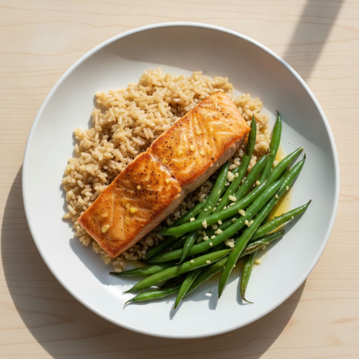 Seared Salmon with Garlic Green Beans and Brown Rice