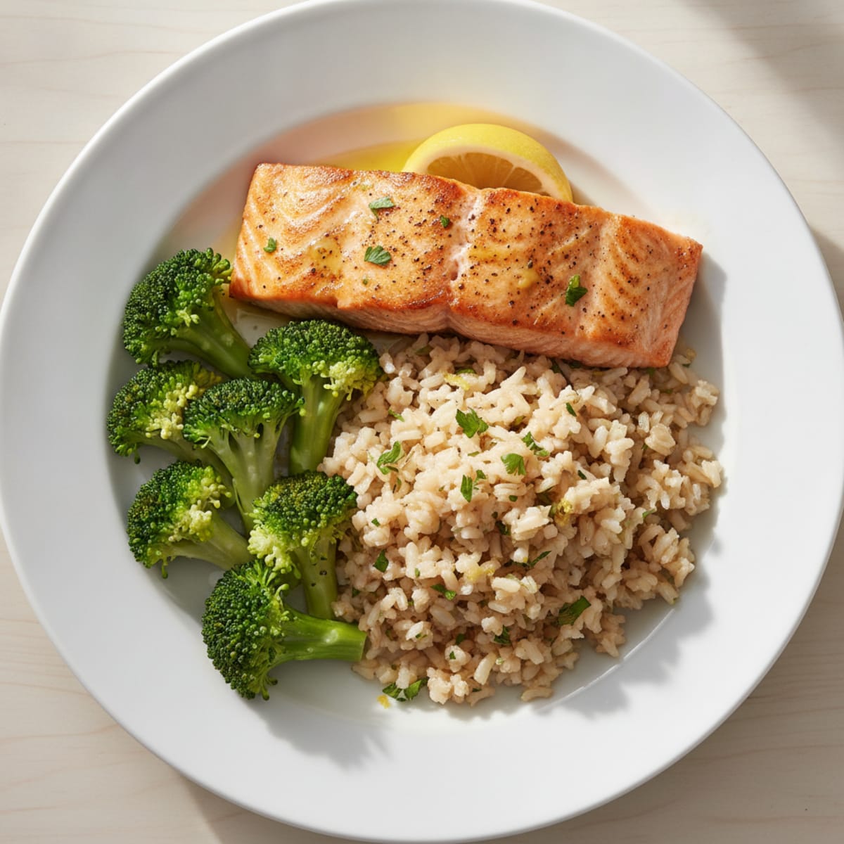 Seared Salmon with Steamed Broccoli and Herbed Brown Rice